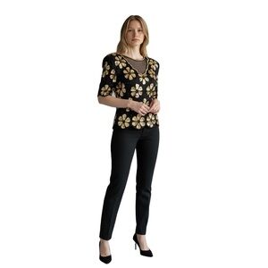 Vintage Stenay Size S Womens Sequins Silk Floral Blouse Gold Black Short Sleeve